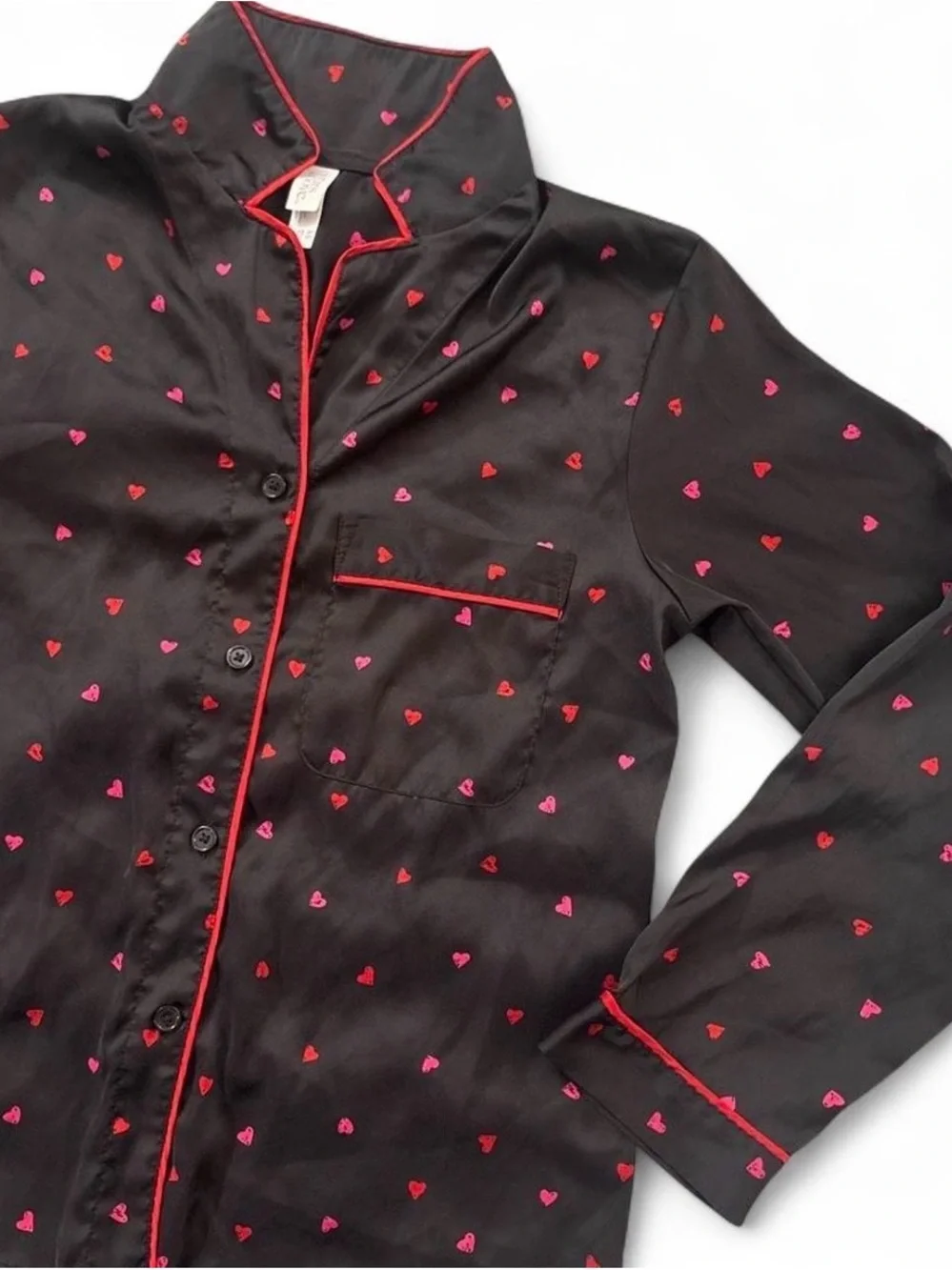 Black Satin Heart-Print Pajama Set with Red Accents